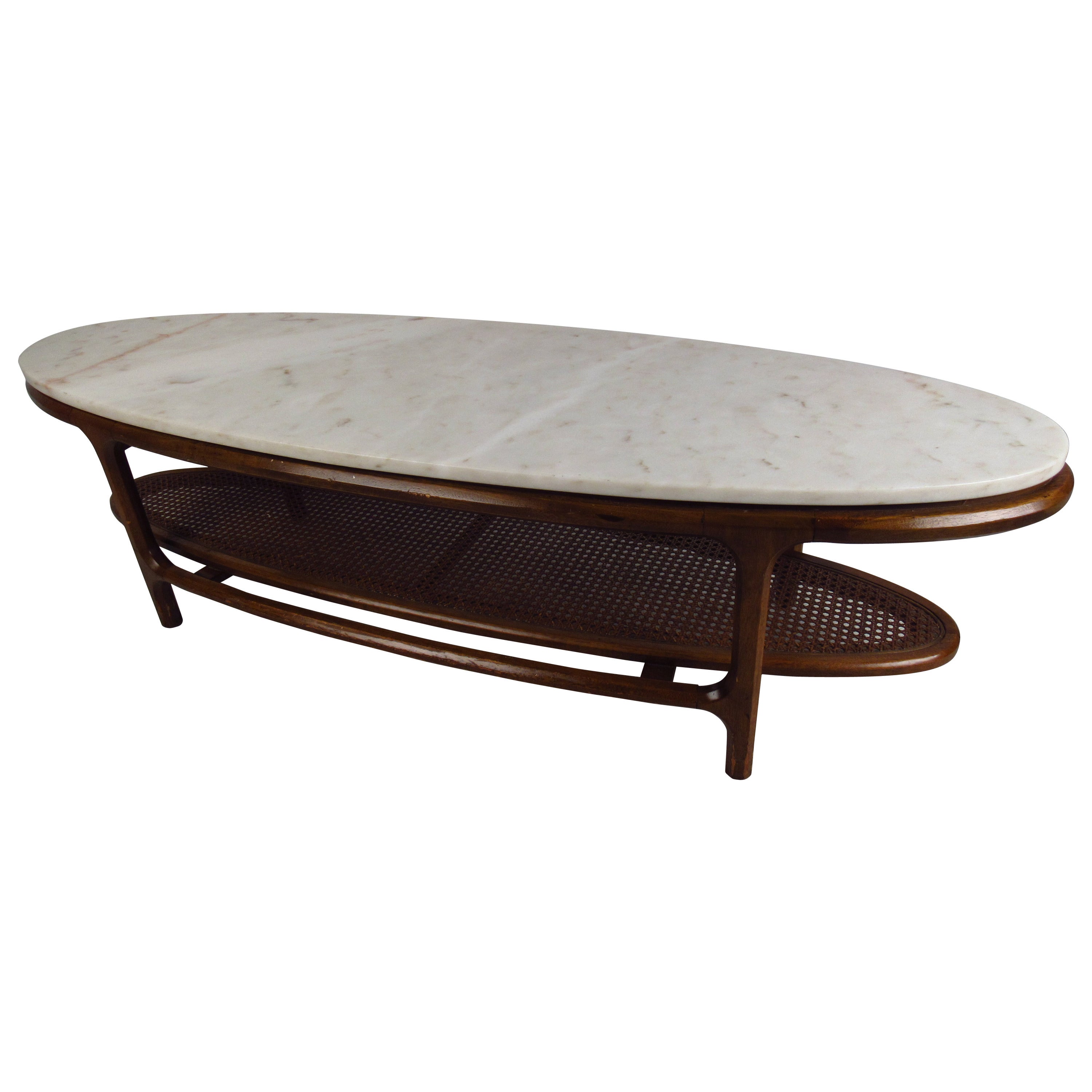 Mid-Century Modern Marble-Top Coffee Table with Cane Shelf