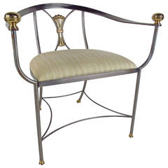 Italian Brushed Stainless and Brass Chair with Upholstered Seat