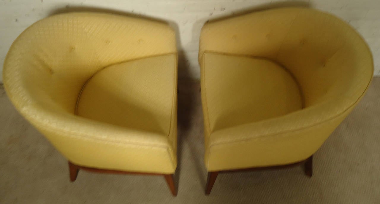 Two gorgeous golden tufted barrel lounge chairs, designed by Lawrence Peabody for Adrian Pearsall's Craft Associates of Wilkes-Barre, Pennsylvania.  An understated vintage pair sure to make a statement in any room, whether in the home or