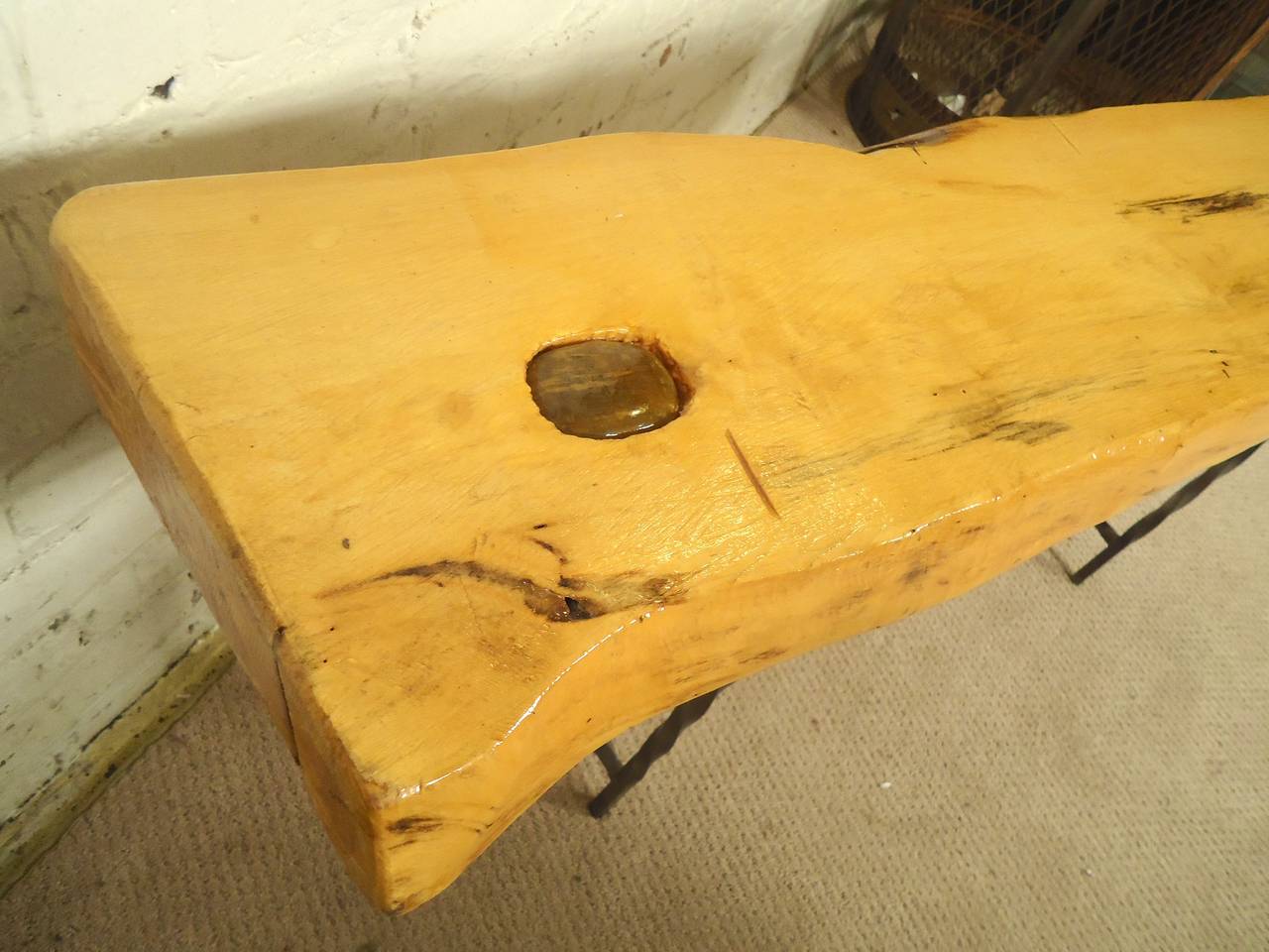 Live Edge Bench on Decorative Iron Frame In Distressed Condition In Brooklyn, NY