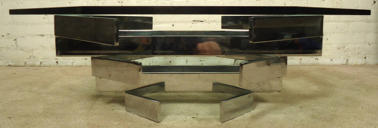 Vintage modern sculpted chrome coffee table base with hexagonal glass top, designed in the manner of Paul Mayen.

(Please confirm item location NY or NJ with dealer).