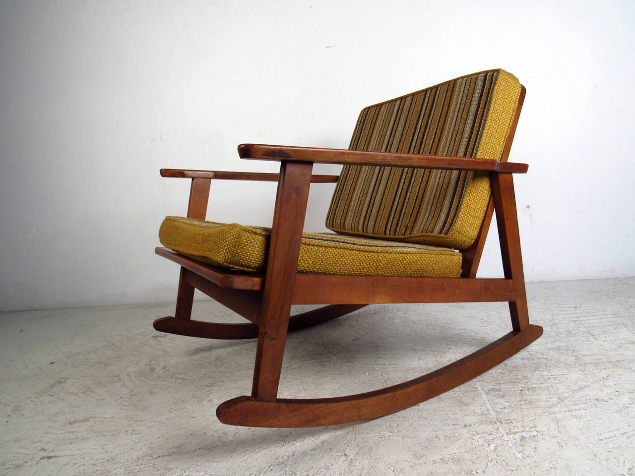 Mid-Century Modern Walnut Rocker with Striped Cushions In Good Condition In Brooklyn, NY