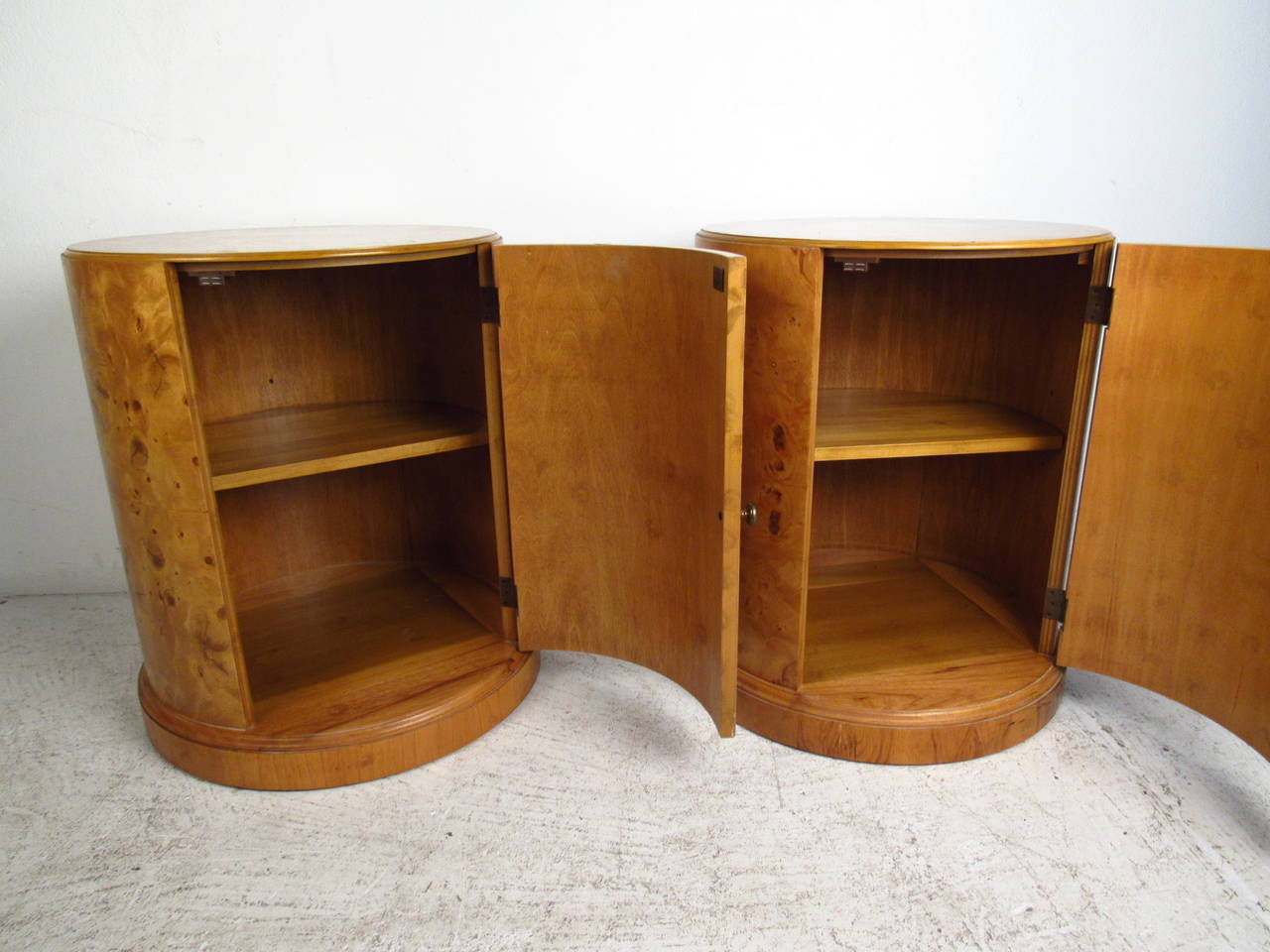 American Pair of Burlwood End Tables in the Style of Milo Baughman