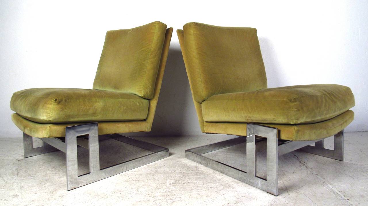 Great pair of mid-century Milo Baughman for Thayer Coggin flat bar chrome, cantilevered lounge chairs make a stunning Mid-Century Modern addition to any home or business seating area. Vintage velvet like upholstery contrasts wonderfully with the