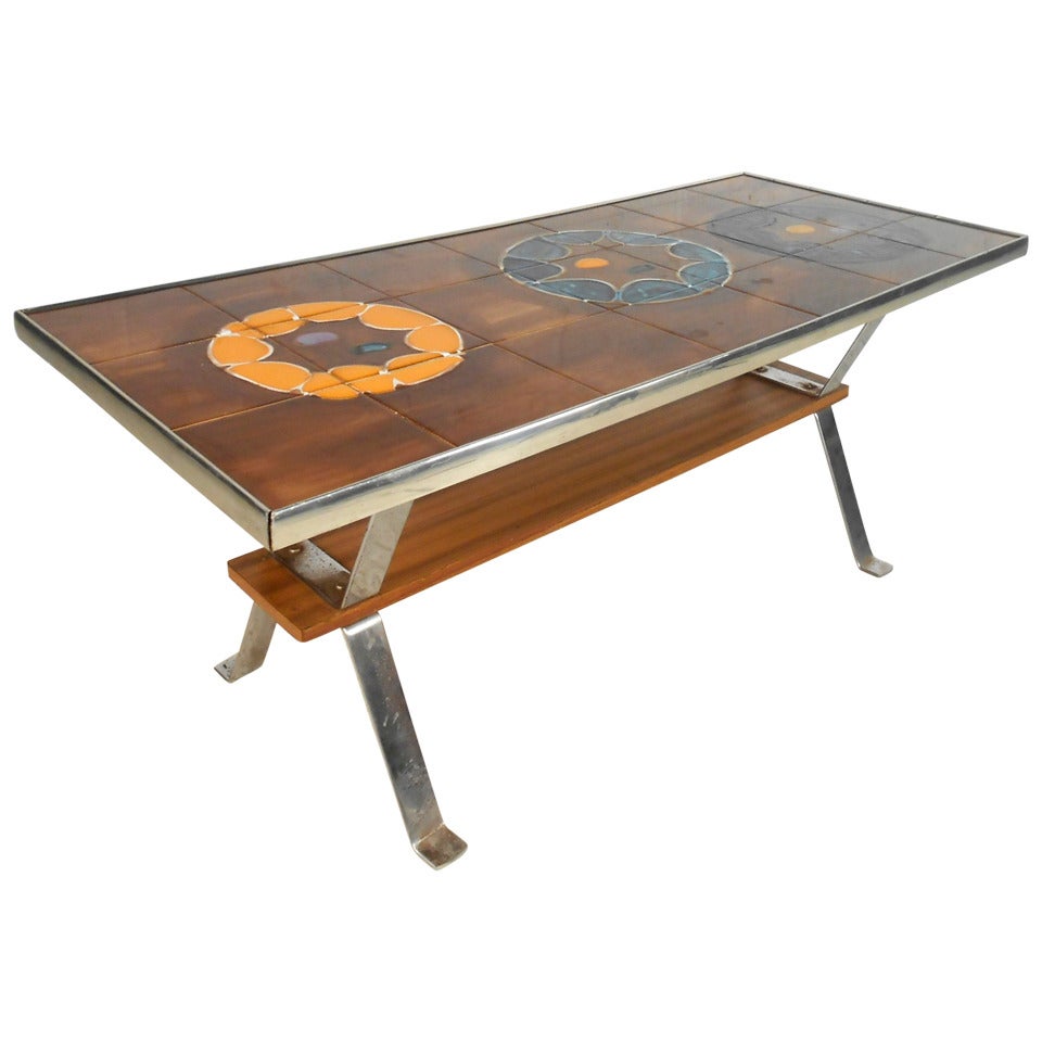 Vintage Modern Hand-Painted Tile Top Coffee Table