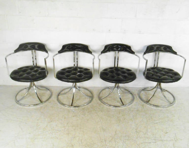 American Set of Mid-Century Chrome And Vinyl Swivel Dining Chairs