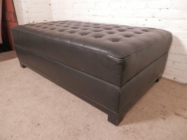 Mid-Century Modern Tufted Large Black Leather Ottoman For Sale