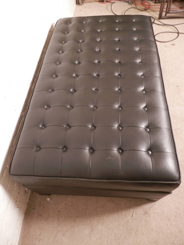 American Tufted Large Black Leather Ottoman For Sale