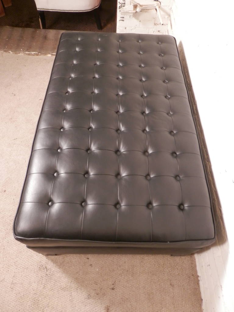 Tufted Large Black Leather Ottoman In Good Condition For Sale In Brooklyn, NY
