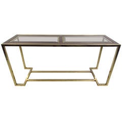 Mid-Century Modern Brass and Walnut Console Table with Smoked Glass 3