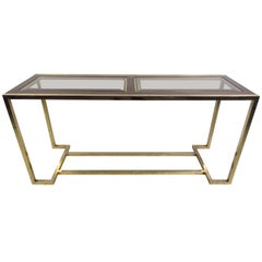 Mid-Century Brass and Walnut Console Table with Smoked Glass