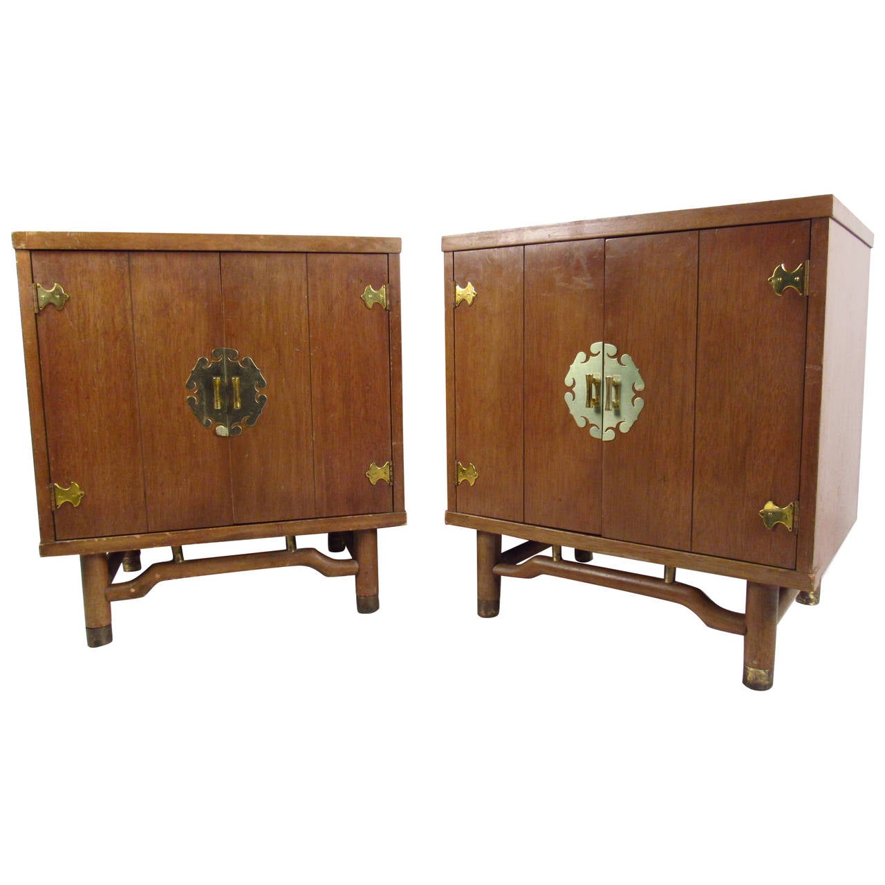 Pair of Mid Century Modern End Tables with Ornate Brass