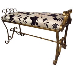 Gilded Wrought Iron Bench with Floral Upholstery