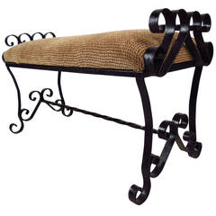 Black Wrought Iron Bench with Upholstered Seat