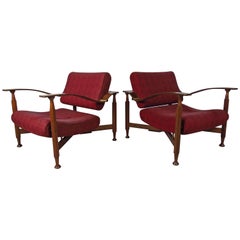 Pair of Sculpted Teak Midcentury Upholstered Lounge Chairs