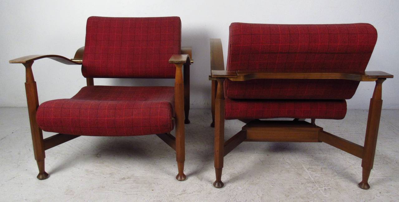 Mid-Century Modern Pair of Sculpted Teak Midcentury Upholstered Lounge Chairs