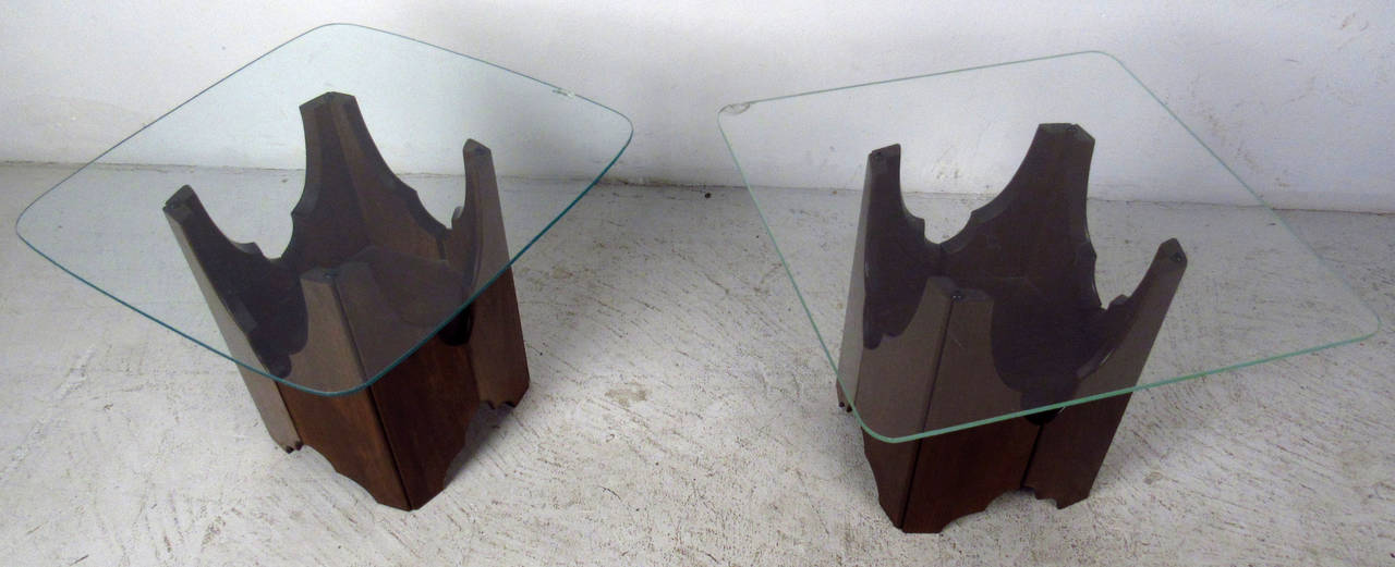 Vintage set of glass top end tables featuring beautifully sculpted bases with rich walnut grain throughout.

Please confirm item location NY or NJ with dealer.
