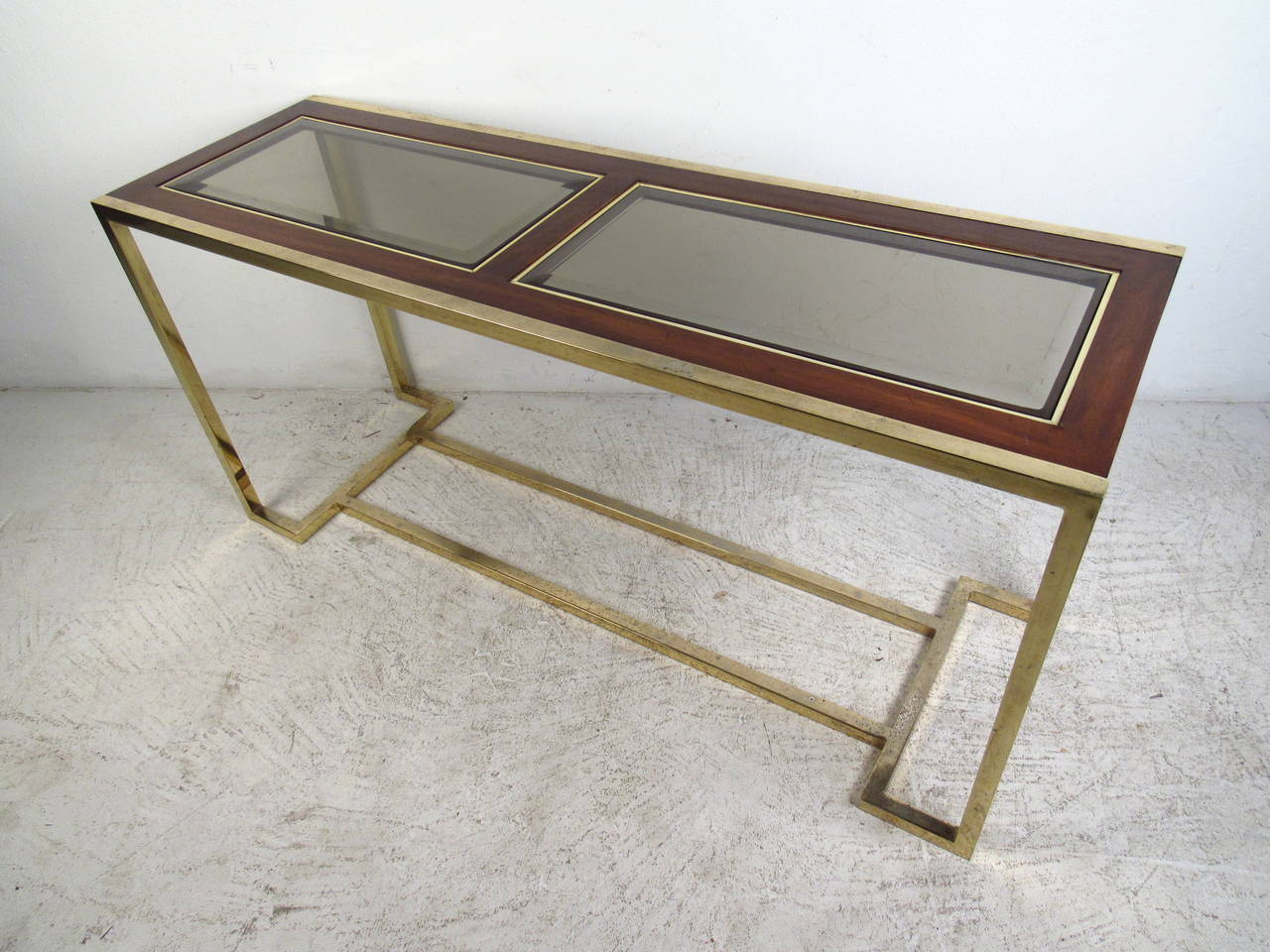 MidCentury Modern Brass and Walnut Console Table with Smoked Glass For