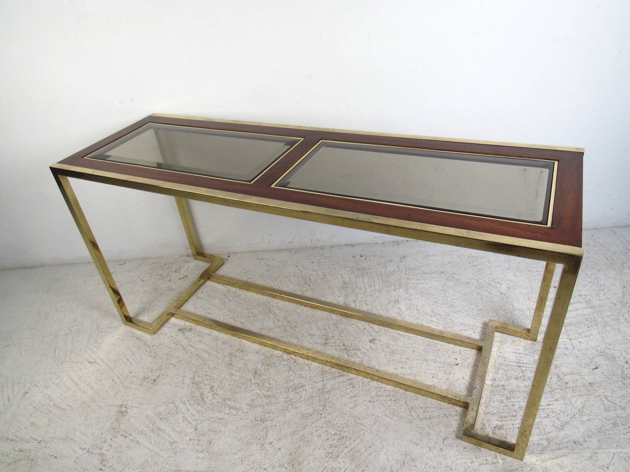 American Mid-Century Brass and Walnut Console Table with Smoked Glass For Sale