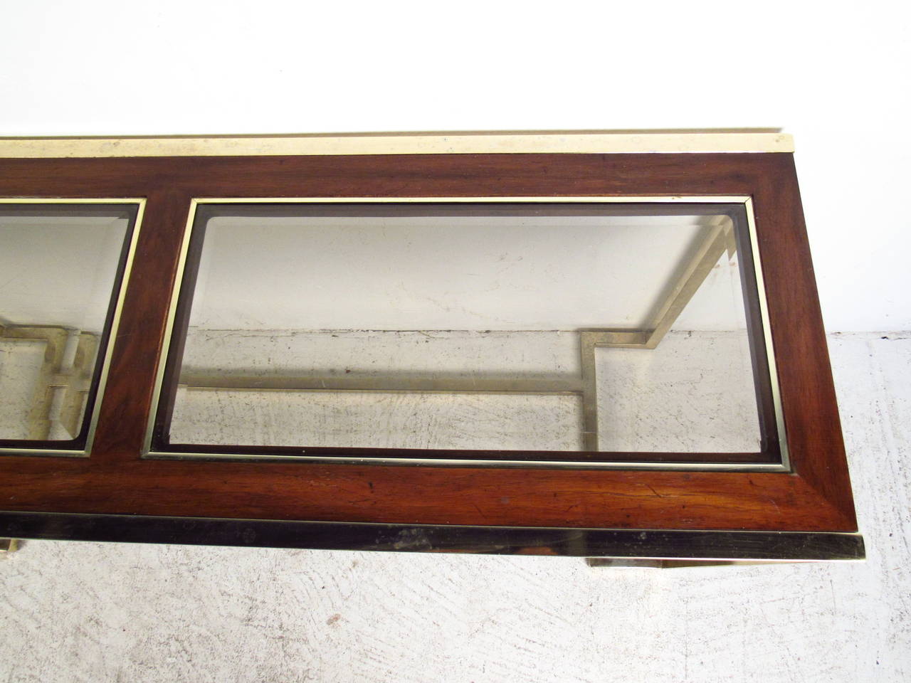 Mid-Century Brass and Walnut Console Table with Smoked Glass For Sale 1