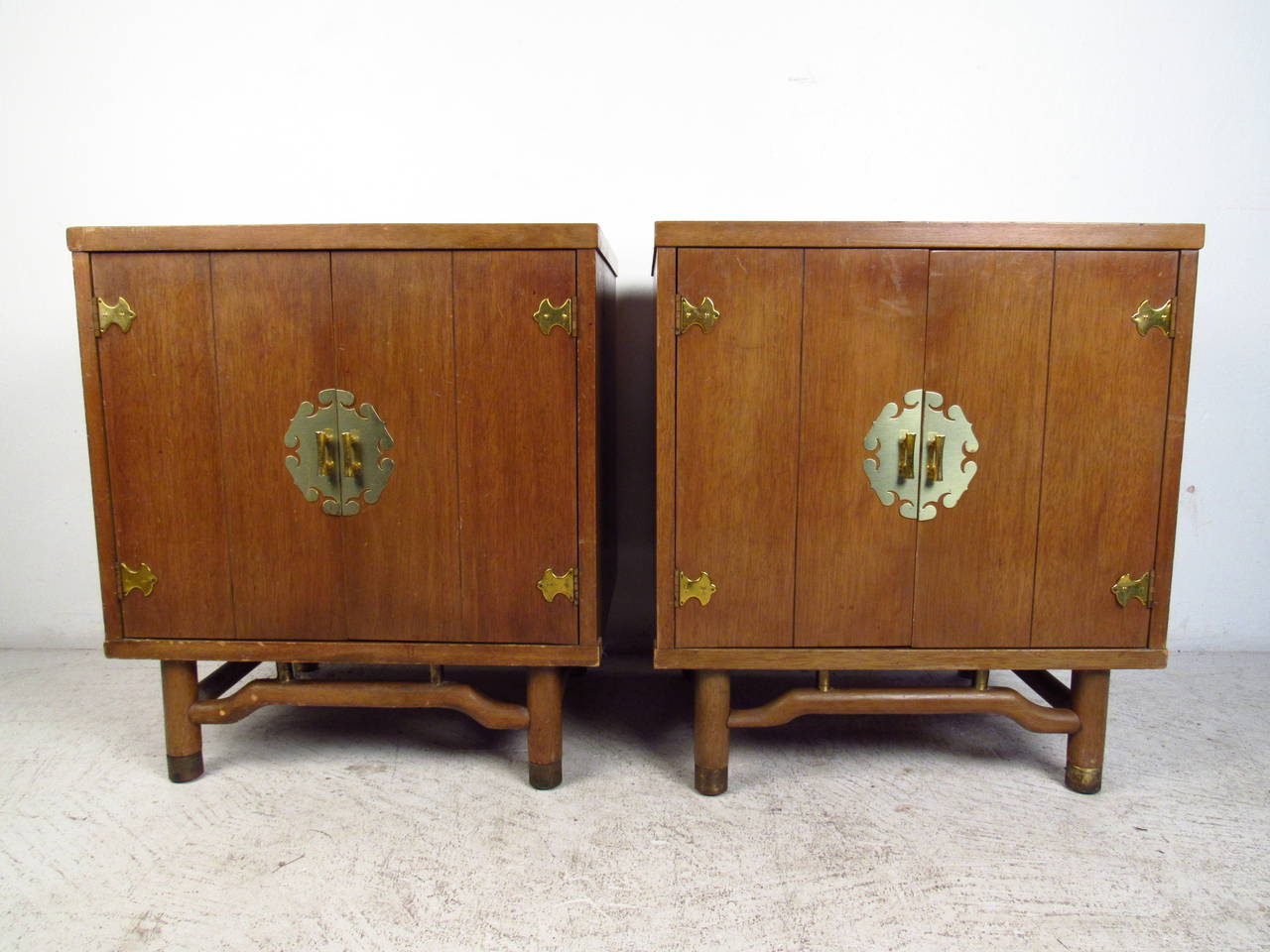 American Pair of Mid-Century Modern End Tables with Ornate Brass Hardware