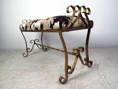 Gilded Wrought Iron Bench with Floral Upholstery