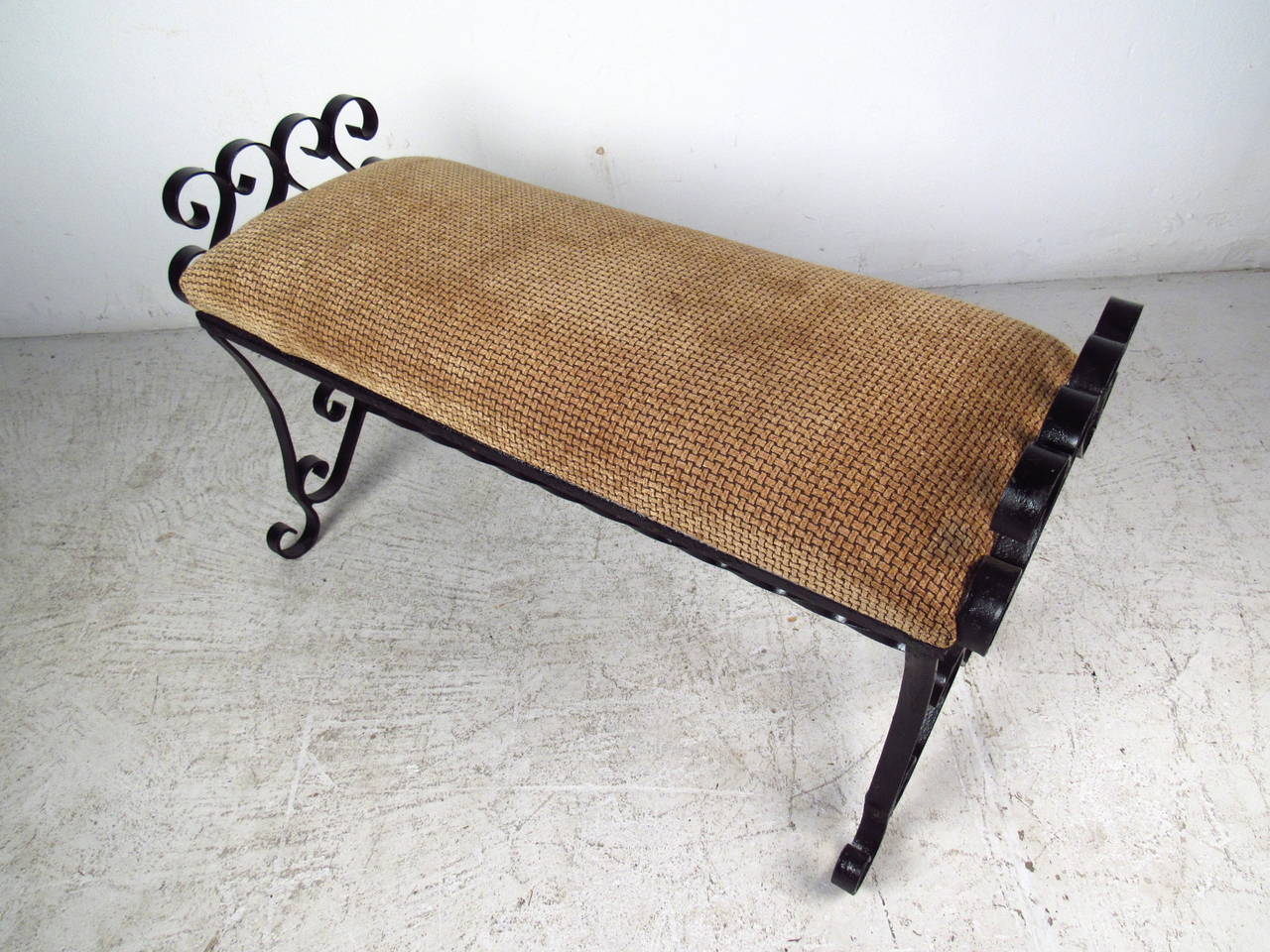 Hollywood Regency Black Wrought Iron Bench with Upholstered Seat