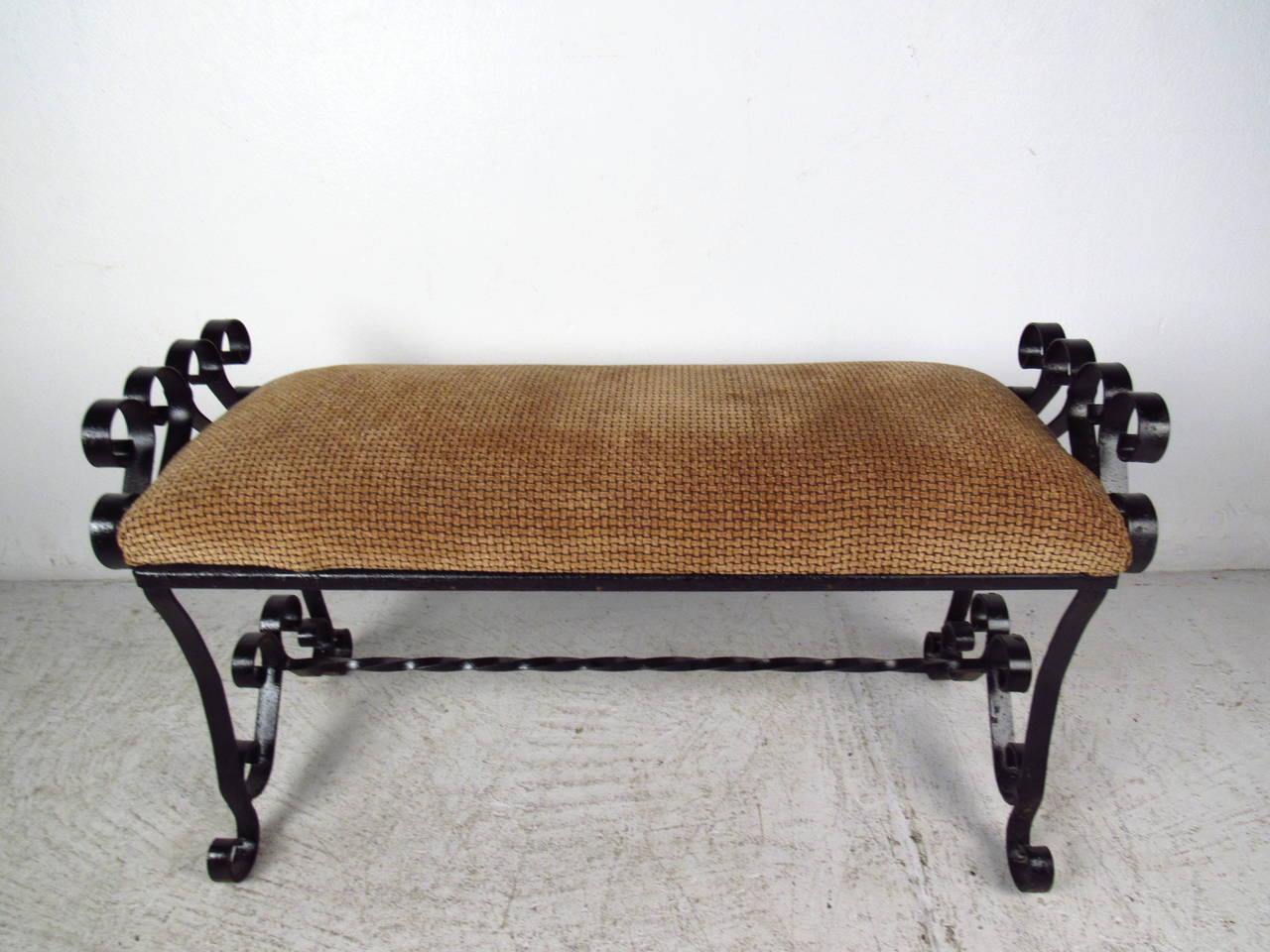 American Black Wrought Iron Bench with Upholstered Seat