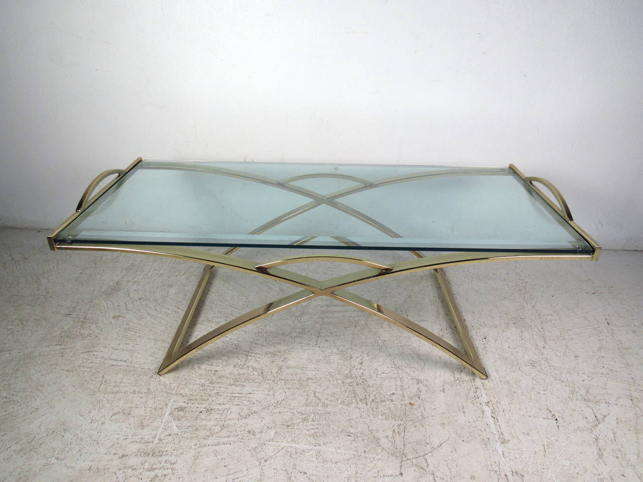 American Mid-Century Modern Brass-Plated Coffee Table with Bevelled Glass Top