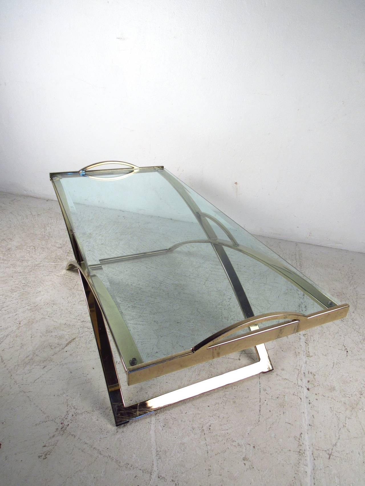 Mid-Century Modern Brass-Plated Coffee Table with Bevelled Glass Top 2