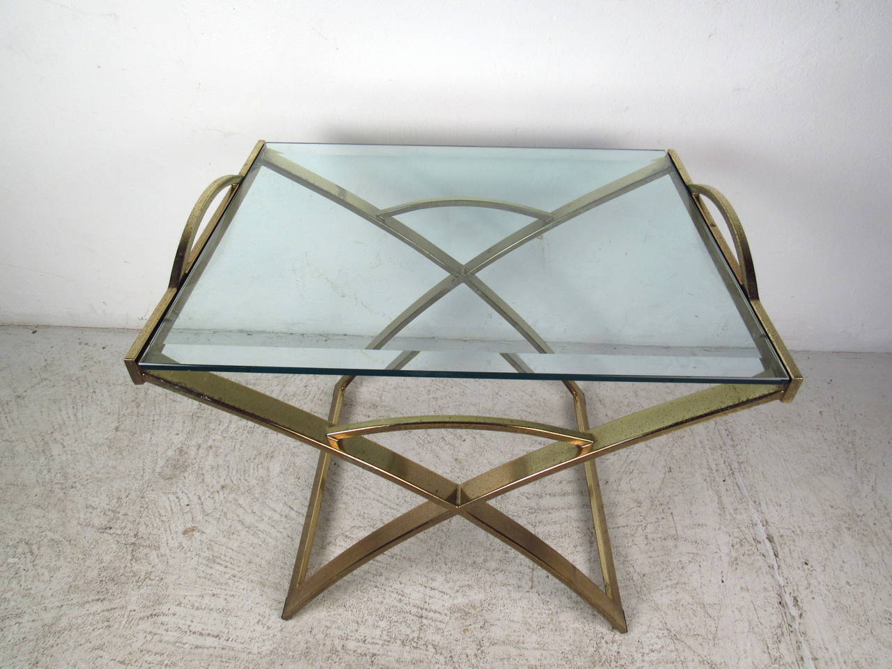 MidCentury Modern Brass End Table with Beveled Glass Top at 1stdibs