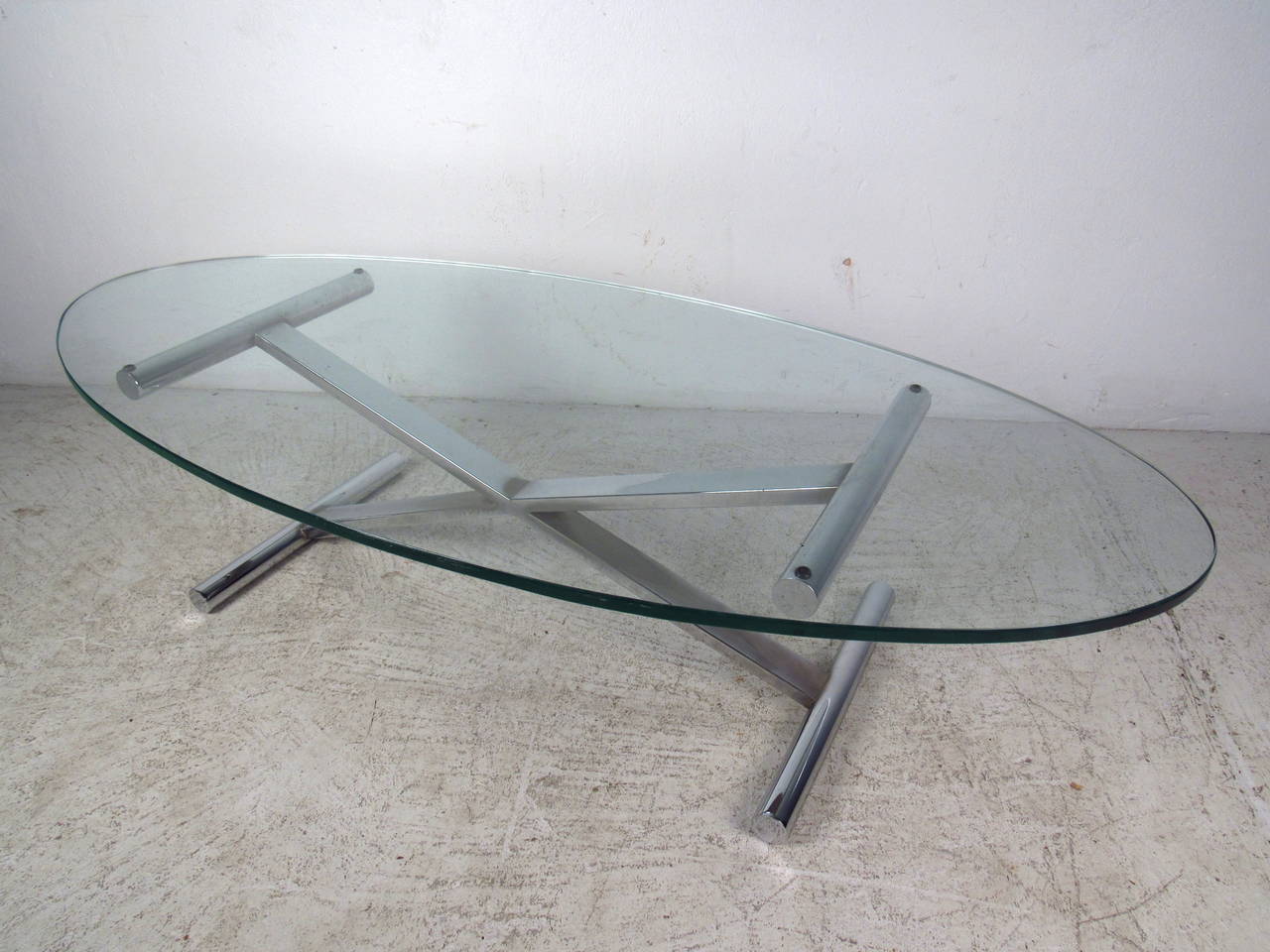 Oval Shaped Glass Top Coffee Table with Chrome Base For Sale at 1stDibs