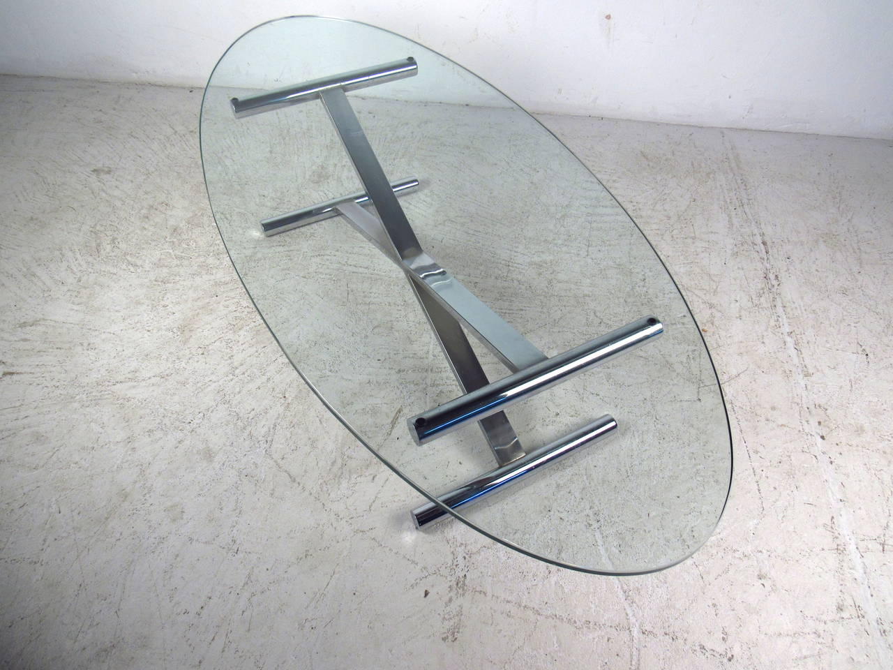Mid-Century Modern Oval Shaped Glass Top Coffee Table with Chrome Base