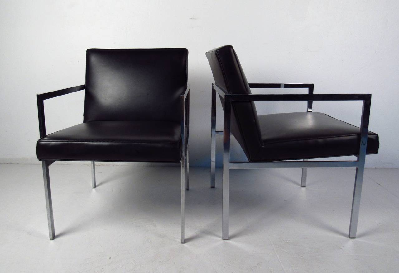 Pair of flat stock chrome and vinyl upholstered side chairs in the manner of Milo Baughman by Patrician Furniture Co., High point, N.C. Please confirm item location (NY or NJ) with dealer.