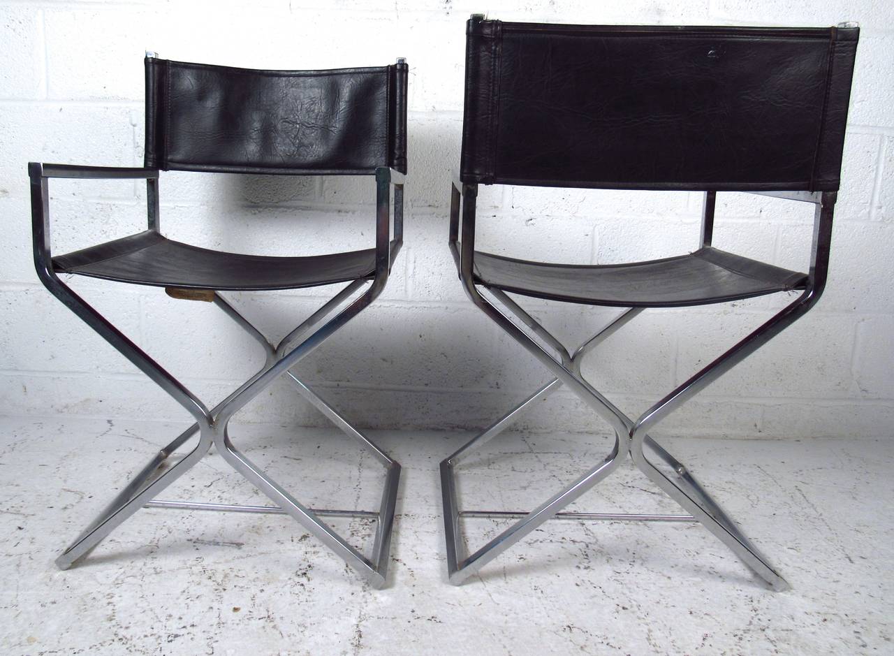 Mid-Century Modern Mid Century Set of Chrome and Leather Director Style Chairs by Virtue