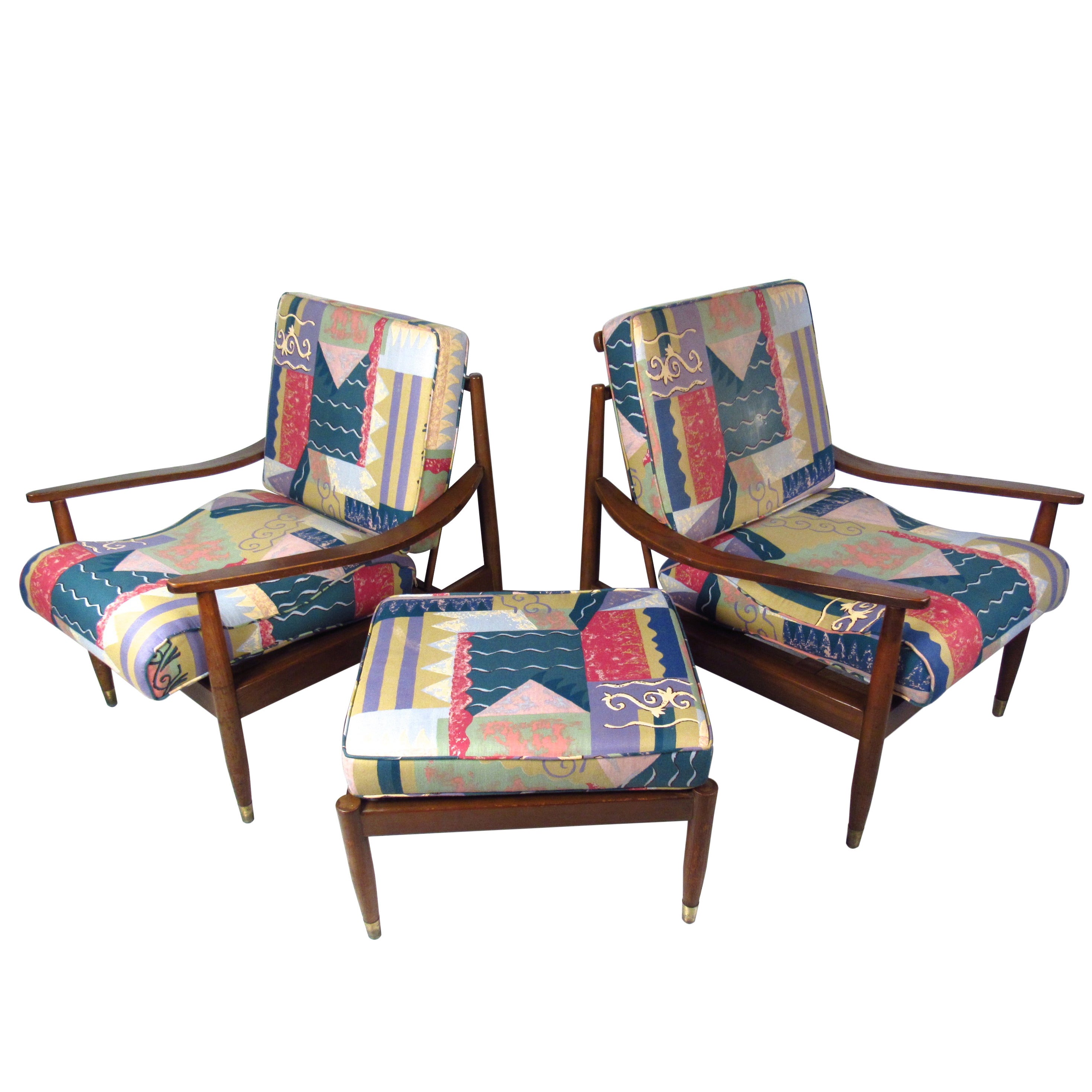 Pair of Mid-Century Modern Lounge Chairs with Matching Ottoman