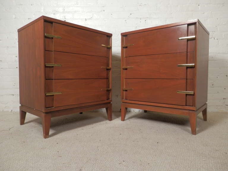 Stylish walnut chest of drawers made by Basic Witz. Clean lines, tapered legs and handsome brass trimmings. Great as side tables or nightstands.

(Please confirm item location - NY or NJ - with dealer)