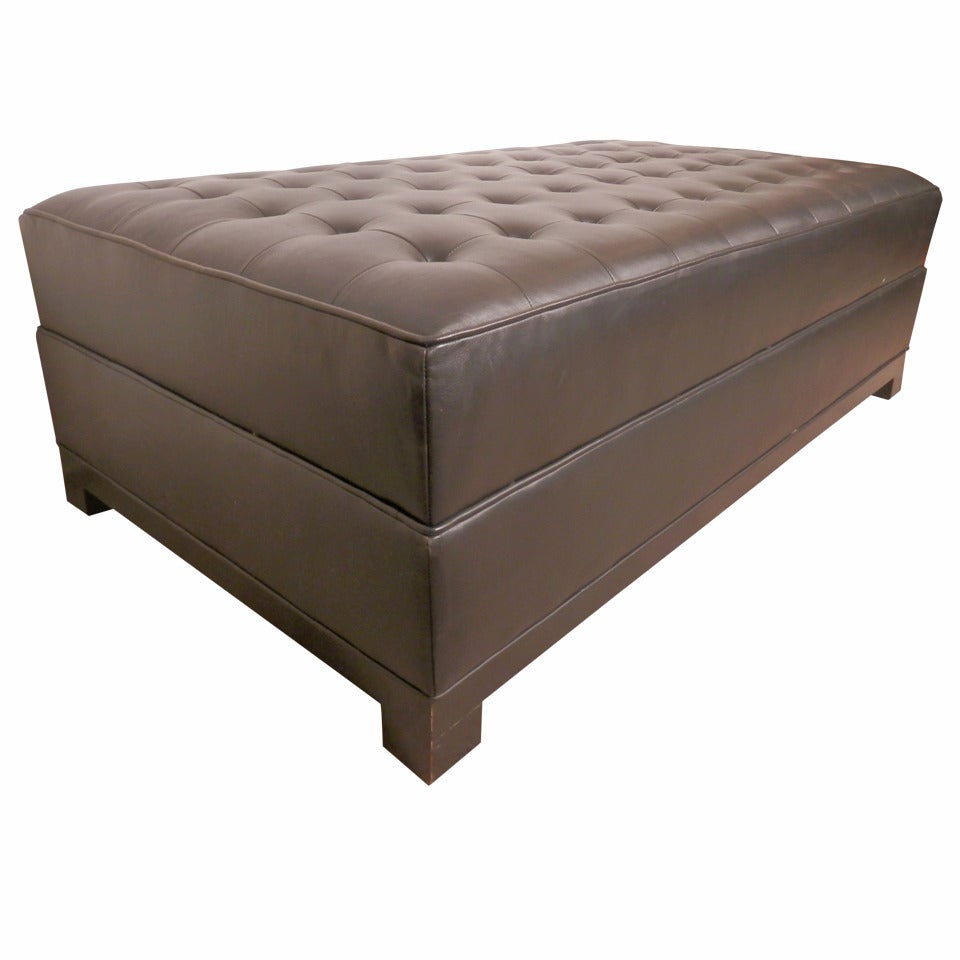 Tufted Large Black Leather Ottoman For Sale