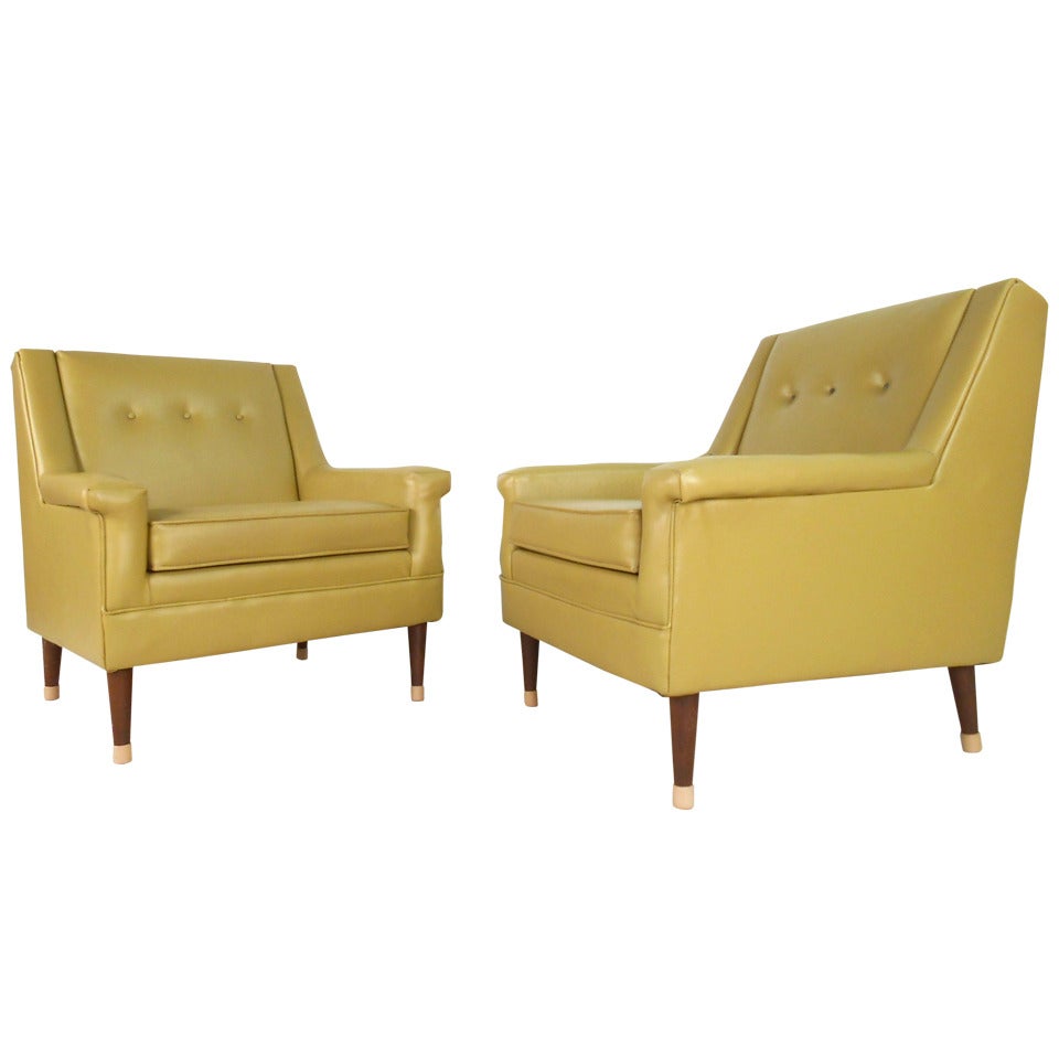 Pair Mid-Century Modern Tufted Vinyl Lounge Chairs