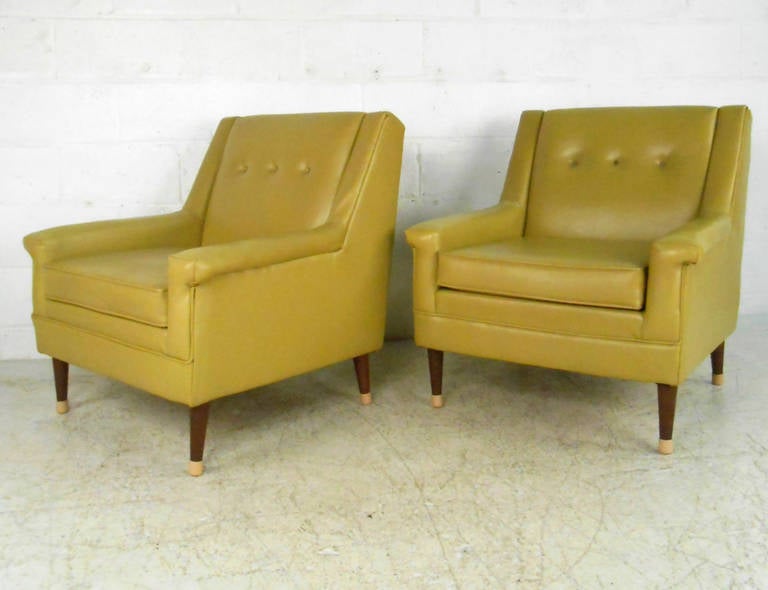 American Pair Mid-Century Modern Tufted Vinyl Lounge Chairs