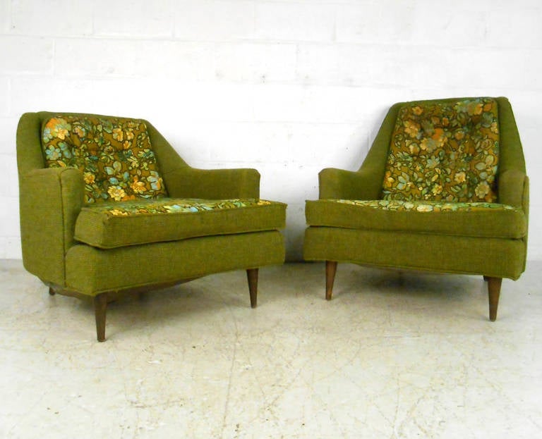 This matched mid-century pair of his & her arm chairs by J.B. Van Sciver make an excellent addition to any mid-century styled setting. With wonderful lines, unique upholstery, and classic tapered legs these chairs are perfect for home or business.