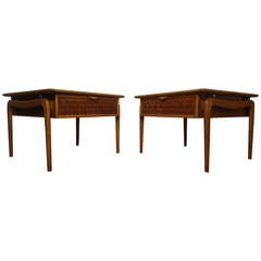 Mid Century Pair of Walnut and Oak Lane End Tables