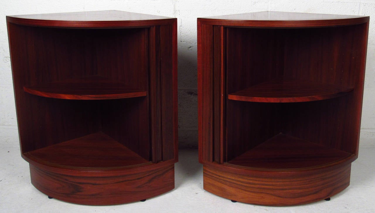 Pair of Mid-Century Tambour Rosewood Nightstands or Corner Cabinets In Good Condition In Brooklyn, NY