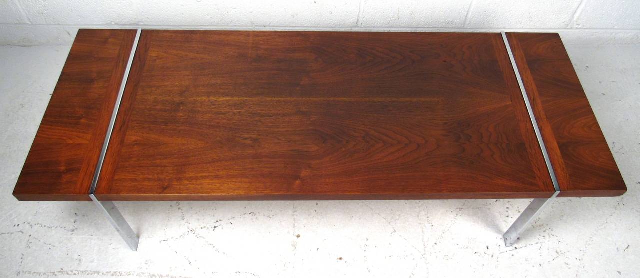 Chrome and walnut 1960s coffee table by Lane Furniture. Please confirm item location (NY or NJ) with dealer.