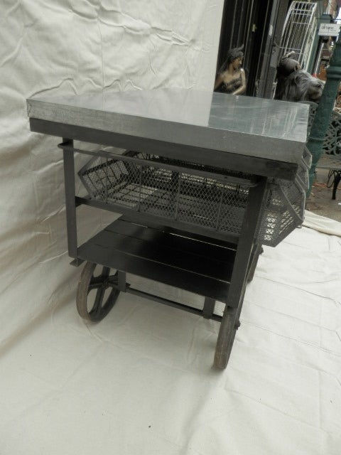 Industrial Metal Rolling Cart w/ Galvanized Top In Good Condition In Brooklyn, NY