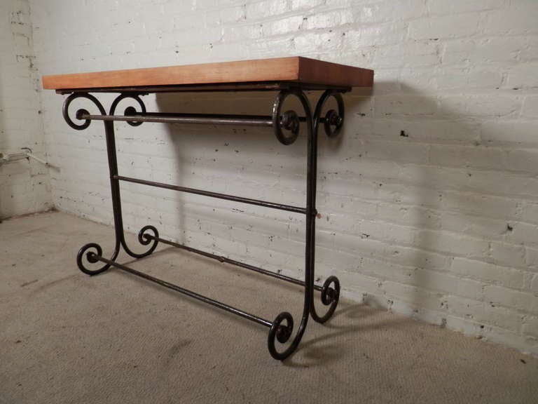 American Industrial Style Console Table w/ Scrolled Iron Base