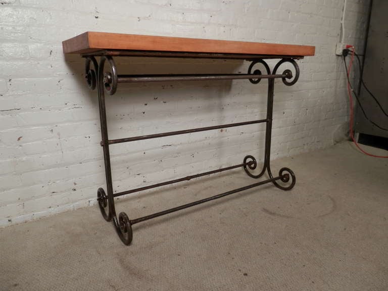 Industrial Style Console Table w/ Scrolled Iron Base In Distressed Condition In Brooklyn, NY