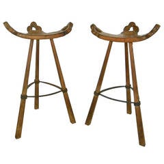Pair Mid-Century Artisan Carved Rustic Counter Stools