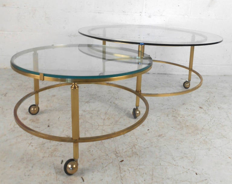 Unique Mid-Century Modern Two-Tier Brass and Glass Pivoting Cocktail Table 2