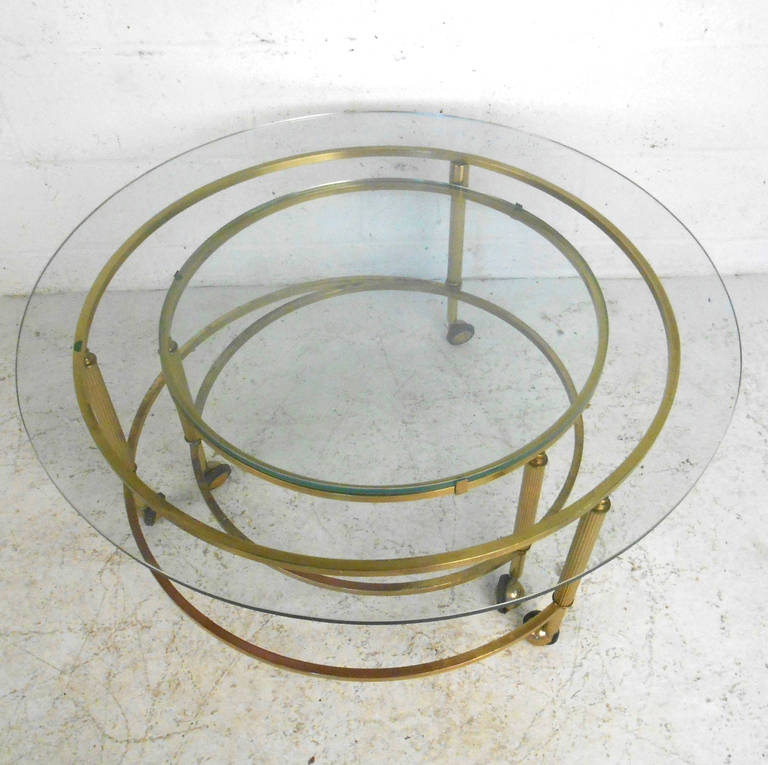 Unique Mid-Century Modern Two-Tier Brass and Glass Pivoting Cocktail Table 3